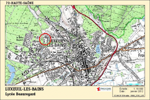 Carte de localisation du lycée Beauregard. Carte topographique, IGN, 2012, dalle 0900-2330-L2E, échelle 1:16 000. © Région Bourgogne-Franche-Comté, Inventaire du patrimoine