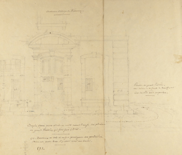 Ancienne abbaye de Faverney. Croquis d'une porte située au midi avant l'angle des pilastres du Grand Pavillon qui fait face à l'Est, [1898]. © Région Bourgogne-Franche-Comté, Inventaire du patrimoine