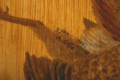 Salle à manger : détail de la 3e porte, avec la signature de l'auteur de la nature morte (A. Gille) et la date d'exécution (9 7bre 1884). © Région Bourgogne-Franche-Comté, Inventaire du patrimoine