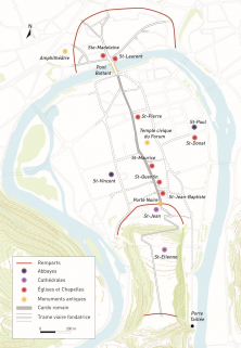 Carte des principales fondations religieuses entre le haut Moyen Age et la fin du XIIe siècle, avec le positionnement des principaux monuments antiques. © Région Bourgogne-Franche-Comté, Inventaire du Patrimoine