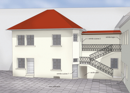 Restitution isométrique du bâtiment des cuisines par rapport au logis au début du XVIIIe siècle. © Région Bourgogne-Franche-Comté, Inventaire du Patrimoine