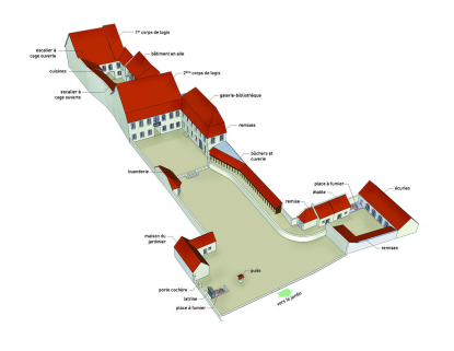restitution isométrique des différentes parties de l'hôtel. D'après un plan de 1798 (archives départementales du Doubs, Q (plan) 7). © Région Bourgogne-Franche-Comté, Inventaire du Patrimoine