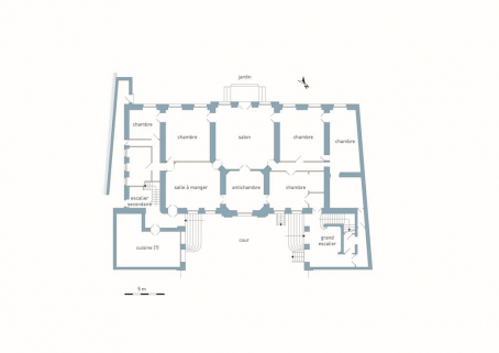 Plan du rez-de-chaussée, avec la restitution partielle de la distribution. © Région Bourgogne-Franche-Comté, Inventaire du Patrimoine