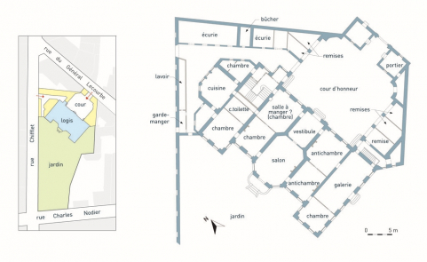 Plan du rez-de-chaussée, avec la restitution de la distribution. © Région Bourgogne-Franche-Comté, Inventaire du Patrimoine
