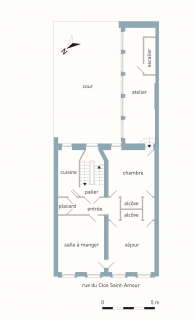 Restitution de la distribution de l'étage et de l'aile sur cour. Dessin : François Lassus, publié dans "Bulletin du centre de recherche d'art comtois", n° 9, 1995-1996. © Région Bourgogne-Franche-Comté, Inventaire du Patrimoine