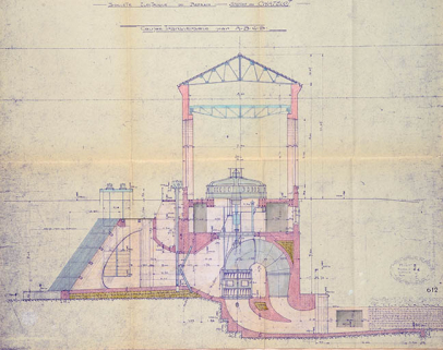 Société Electrique de Belchamp. Station du Chatelot. Coupe transversale de l’usine, pièce n°10, tirage, échelle 1/50, le 30/01/1934. © Région Bourgogne-Franche-Comté, Inventaire du patrimoine Société Electrique de Belchamp. Station du Chatelot. Coupe transversale de l’usine, pièce n°10, tirage, échelle 1/50, le 30/01/1934. © Région Bourgogne-Franche-Comté, Inventaire du patrimoine