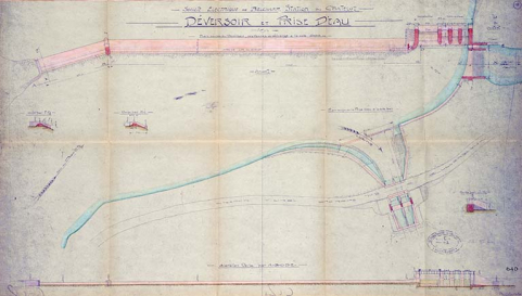 Société Electrique de Belchamp. Station du Chatelot. Déversoir et prise d’eau, pièce n°6, tirage, échelle 1/200, le 30/01/1934. © Région Bourgogne-Franche-Comté, Inventaire du patrimoine Société Electrique de Belchamp. Station du Chatelot. Déversoir et prise d’eau, pièce n°6, tirage, échelle 1/200, le 30/01/1934. © Région Bourgogne-Franche-Comté, Inventaire du patrimoine