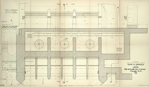 Chute de Dampjoux. Usine. Plan de la salle des turbines. Coupe AA, tirage, 1/50, tirage, Paris, le 30/11/1930. © Région Bourgogne-Franche-Comté, Inventaire du patrimoine