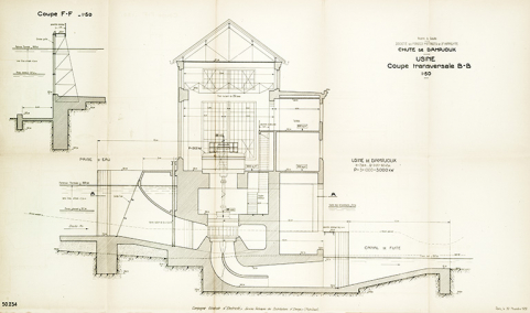 Chute de Dampjoux. Usine. Coupe transversale par l’axe d’un groupe BB, tirage, 1/50, Paris, le 30/11/1930. © Région Bourgogne-Franche-Comté, Inventaire du patrimoine