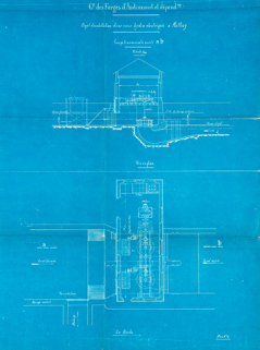 Projet d’installation d’une usine hydroélectrique à Mathay - Cie des Forges d’Audincourt. Plan n°5, coupe transversale et vue en plan, tirage à l’ammoniac, s.d. [1912] © Région Bourgogne-Franche-Comté, Inventaire du patrimoine