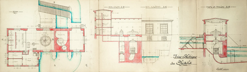 Usine électrique du Châtelot, plan, coupe, élévation, tirage échelle 1/100, le 30/04/1917. © Région Bourgogne-Franche-Comté, Inventaire du patrimoine Usine électrique du Châtelot, plan, coupe, élévation, tirage échelle 1/100, le 30/04/1917. © Région Bourgogne-Franche-Comté, Inventaire du patrimoine