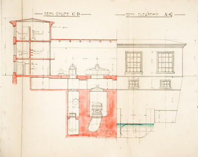 Usine électrique du Châtelot, demi-coupe et demi-élévation, tirage échelle 1/100, le 30/04/1917. © Région Bourgogne-Franche-Comté, Inventaire du patrimoine Usine électrique du Châtelot, demi-coupe et demi-élévation, tirage échelle 1/100, le 30/04/1917. © Région Bourgogne-Franche-Comté, Inventaire du patrimoine
