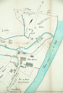 Plan parcellaire [demande de règlement d’eau du haut-fourneau de la Cie des Forges d’Audincourt], papier, 1/1000, Besançon, le 23/07/1851 © Région Bourgogne-Franche-Comté, Inventaire du patrimoine
