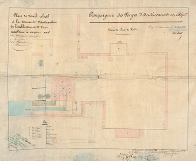 Usine de Pont-de-Roide. Plan de détail relatif à la demande d’autorisation de l’établissement d’une machine à vapeur […], toile, 1/100, Audincourt, le 28/04/1856. © Région Bourgogne-Franche-Comté, Inventaire du patrimoine