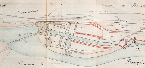 Usine de Bourguignon et dépendances, plan des lieux et des ouvrages projetés, [détail], tirage, échelle 1/1000, le 17/07/1920. © Région Bourgogne-Franche-Comté, Inventaire du patrimoine