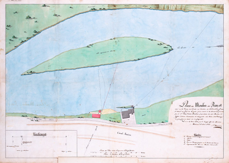 Plan du moulin dit Rayot à Bourlier Pierre Nicolas […], plume, lavis, par Morel-Macler, 1823 © Région Bourgogne-Franche-Comté, Inventaire du patrimoine
