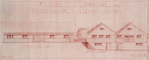 M Hintzi, sinistré à Damprichard – Doubs. Reconstruction de la scierie détruite. Façade sur quai [et] Pignon ouest, 18 février 1948 © Région Bourgogne-Franche-Comté, Inventaire du patrimoine