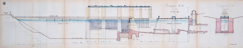 Forces motrices du Doubs. Usine hydro-électrique de Liebvillers [...] Ouvrages amont. Coupes. Amont du barrage et par la chambre de prise d’eau (4-4), octobre 1923 © Région Bourgogne-Franche-Comté, Inventaire du patrimoine