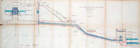 Forces motrices du Doubs. Usine hydro-électrique de Liebvillers [...] Ouvrages aval. Profil en long de l’ouvrage, octobre 1923 © Région Bourgogne-Franche-Comté, Inventaire du patrimoine