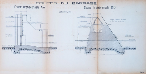 Aménagement du Doubs entre la frontière Suisse et Vaufrey […] Usine de Vaufrey. Coupes des principaux ouvrages [barrage], 1er septembre 1922 © Région Bourgogne-Franche-Comté, Inventaire du patrimoine