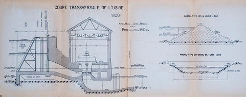 Aménagement du Doubs entre la frontière Suisse et Vaufrey […] Usine de Vaufrey. Coupes des principaux ouvrages [usine, digue et canal de fuite], 1er septembre 1922 © Région Bourgogne-Franche-Comté, Inventaire du patrimoine