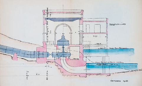 Forces motrices du Doubs. Usine hydro-électrique de Liebvillers [...] Ouvrages aval. Profil en long de l’ouvrage [détail de la centrale], octobre 1923 © Région Bourgogne-Franche-Comté, Inventaire du patrimoine