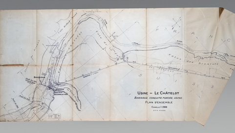 Projet d’aménagement hydro-électrique du Doubs entre le Saut-du-Doubs et le Moulin Delachaux. Chute du Châtelot. Plan général [détail de la partie gauche], juin 1928 (25 janvier 1923) © Région Bourgogne-Franche-Comté, Inventaire du patrimoine