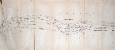 Projet d’aménagement hydro-électrique du Doubs entre le Saut-du-Doubs et le Moulin Delachaux. Chute du Châtelot. Plan général [détail de la partie droite], juin 1928 (25 janvier 1923) © Région Bourgogne-Franche-Comté, Inventaire du patrimoine