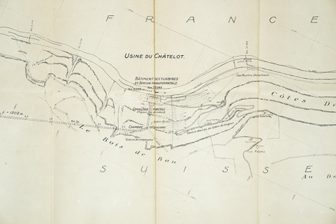 Projet d’aménagement hydro-électrique du Doubs entre le Saut-du-Doubs et le Moulin Delachaux. Chute du Châtelot. Plan général [détail de la centrale], juin 1928 (25 janvier 1923) © Région Bourgogne-Franche-Comté, Inventaire du patrimoine