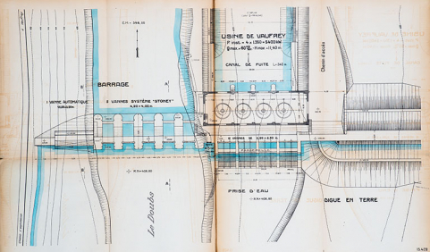 Aménagement du Doubs entre la frontière Suisse et Vaufrey […] Usine de Vaufrey. Plan des ouvrages, 1er septembre 1922 © Région Bourgogne-Franche-Comté, Inventaire du patrimoine