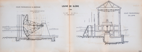 Aménagement du Doubs entre la frontière Suisse et Vaufrey […] Usine de Glère. Coupes des principaux ouvrages, 1er septembre 1922 © Région Bourgogne-Franche-Comté, Inventaire du patrimoine