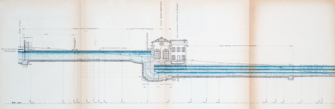 Forces motrices du Doubs. Usine de hautes eaux (Grobois). Coupe en long, 25 avril 1921 © Région Bourgogne-Franche-Comté, Inventaire du patrimoine Forces motrices du Doubs. Usine de hautes eaux (Grobois). Coupe en long, 25 avril 1921 © Région Bourgogne-Franche-Comté, Inventaire du patrimoine