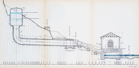 Forces motrices du Doubs. Usine Hydro-Électrique de Liebvillers. Ouvrage aval. Coupe en long, 25 avril 1921 © Région Bourgogne-Franche-Comté, Inventaire du patrimoine Forces motrices du Doubs. Usine Hydro-Électrique de Liebvillers. Ouvrage aval. Coupe en long, 25 avril 1921 © Région Bourgogne-Franche-Comté, Inventaire du patrimoine