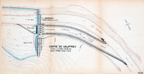 Aménagement du Doubs entre la frontière Suisse et Vaufrey […] Usine de Vaufrey. Plan général, 1er septembre 1922 © Région Bourgogne-Franche-Comté, Inventaire du patrimoine