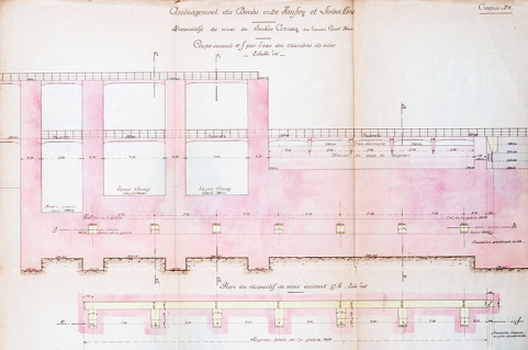 Aménagement du Doubs entre Vaufrey et Liebvillers. Dispositifs de mines de Soulce Cernay au lieu dit Gros Bois. Croquis n° 4. Coupe suivant e.f par l’axe des chambres de mines, 1924 © Région Bourgogne-Franche-Comté, Inventaire du patrimoine Aménagement du Doubs entre Vaufrey et Liebvillers. Dispositifs de mines de Soulce Cernay au lieu dit Gros Bois. Croquis n° 4. Coupe suivant e.f par l’axe des chambres de mines, 1924 © Région Bourgogne-Franche-Comté, Inventaire du patrimoine