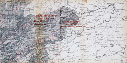 Aménagement du Doubs entre la frontière Suisse et Vaufrey. Usines de Vaufrey et Glère. Projet du 1er septembre 1922 présenté par la Société d'Études des Forces motrices du Haut-Doubs. Carte au 150 000, 1er septembre 1922 © Région Bourgogne-Franche-Comté, Inventaire du patrimoine Aménagement du Doubs entre la frontière Suisse et Vaufrey. Usines de Vaufrey et Glère. Projet du 1er septembre 1922 présenté par la Société d'Études des Forces motrices du Haut-Doubs. Carte au 150 000, 1er septembre 1922 © Région Bourgogne-Franche-Comté, Inventaire du patrimoine