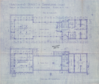 Établissements Burdet à Damprichard (Doubs). Projet de construction d’une fabrique [plan du sous-sol et du rez-de-chaussée], [1951] © Région Bourgogne-Franche-Comté, Inventaire du patrimoine