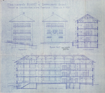 Établissements Burdet à Damprichard (Doubs). Projet de construction d’une fabrique [coupes et élévations est et ouest], [1951] © Région Bourgogne-Franche-Comté, Inventaire du patrimoine