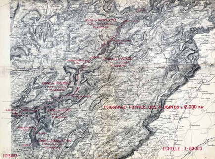 Le Dessoubre (affluent du Doubs). Projet d’aménagement hydro-électrique du Dessoubre de sa source à son confluent avec le Doubs […] Extrait de la carte au 1:50 000, janvier 1930 © Région Bourgogne-Franche-Comté, Inventaire du patrimoine