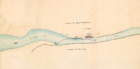 Usine Châtelain Séverin (moulin du Refrain) à Fournet-Blancheroche. Reconstruction du barrage et des ouvrages de prise d’eau. Plan des lieux, 21 mai 1896. © Région Bourgogne-Franche-Comté, Inventaire du patrimoine Usine Châtelain Séverin (moulin du Refrain) à Fournet-Blancheroche. Reconstruction du barrage et des ouvrages de prise d’eau. Plan des lieux, 21 mai 1896. © Région Bourgogne-Franche-Comté, Inventaire du patrimoine