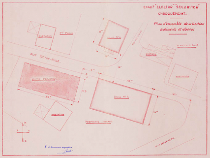 Etab[lissement]s " Elector " - " Securitor ". Plan d'ensemble de situation. Bâtiments et abords [projet d'extension], 1954 © Région Bourgogne-Franche-Comté, Inventaire du patrimoine