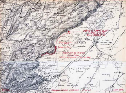Projet d’aménagement hydro-électrique du Doubs entre le Saut-du-Doubs et le Moulin Delachaux. Chute du Châtelot. Carte d’État major, juin 1928 © Région Bourgogne-Franche-Comté, Inventaire du patrimoine Projet d’aménagement hydro-électrique du Doubs entre le Saut-du-Doubs et le Moulin Delachaux. Chute du Châtelot. Carte d’État major, juin 1928 © Région Bourgogne-Franche-Comté, Inventaire du patrimoine