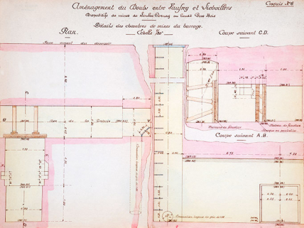 Aménagement du Doubs entre Vaufrey et Liebvillers. Dispositifs de mines de Soulce Cernay au lieu dit Gros Bois. Croquis n° 6. Détails des chambres de mines du barrage [plan et coupe], 1924 © Région Bourgogne-Franche-Comté, Inventaire du patrimoine