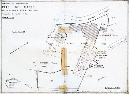     Commune de Damprichard. Plan de masse de la propriété Scierie Buliard, cadastrée section AD n° 163, juin 1973 © Région Bourgogne-Franche-Comté, Inventaire du patrimoine