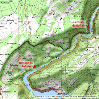 Localisation du barrage et de la centrale, sur la carte IGN au 1/25 000. © Région Bourgogne-Franche-Comté, Inventaire du patrimoine Localisation du barrage et de la centrale, sur la carte IGN au 1/25 000. © Région Bourgogne-Franche-Comté, Inventaire du patrimoine