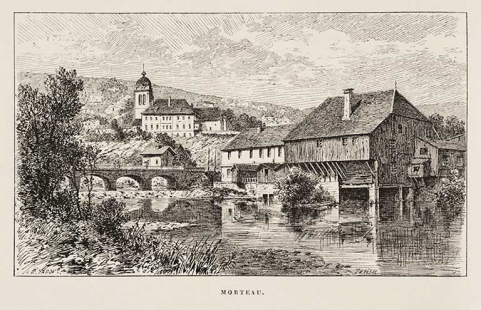 Morteau [l'église, le pont et la scierie Pertusier, depuis le sud], décennie 1880. © Région Bourgogne-Franche-Comté, Inventaire du patrimoine
