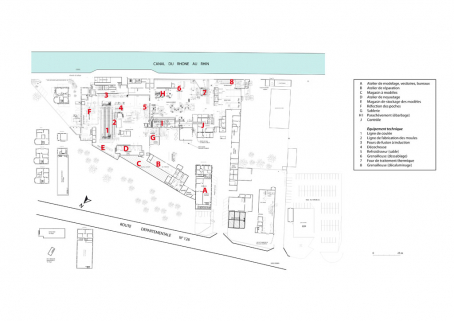 Plan de situation de l'appareil de production, d'après un plan interne, échelle 1/250, 2009. © Région Bourgogne-Franche-Comté, Inventaire du patrimoine