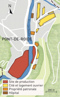 Carte du patrimoine industriel Peugeot (commune de Pont-de-Roide). Fonds cartographique IGN, 2014. © Région Bourgogne-Franche-Comté, Inventaire du patrimoine