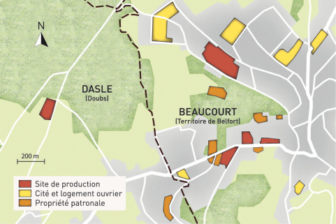 Carte du patrimoine industriel Japy (communes de Dasle et Beaucourt). Fonds cartographique IGN, 2014. © Région Bourgogne-Franche-Comté, Inventaire du patrimoine
