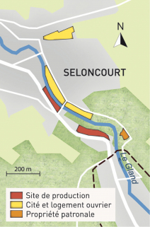 Carte du patrimoine industriel Japy (commune de Seloncourt). Fonds cartographique IGN, 2014. © Région Bourgogne-Franche-Comté, Inventaire du patrimoine
